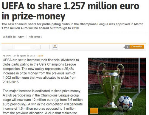 新赛季欧冠奖金暴涨2.55亿欧 冠军队获利7000
